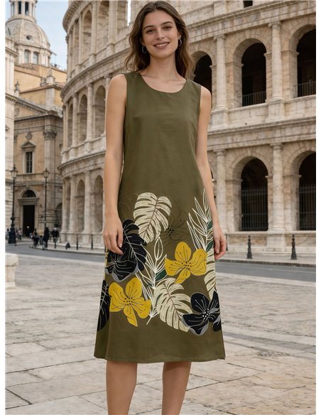 Vestido midi sin mangas con estampado floral tropical