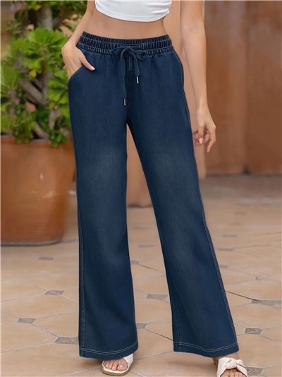 Pantalon à jambes larges effet denim avec taille élastiquée
