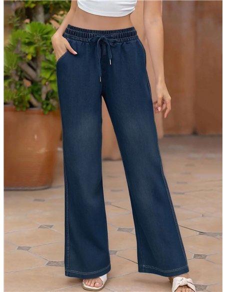 Wide-leg denim effect trousers with elastic waist