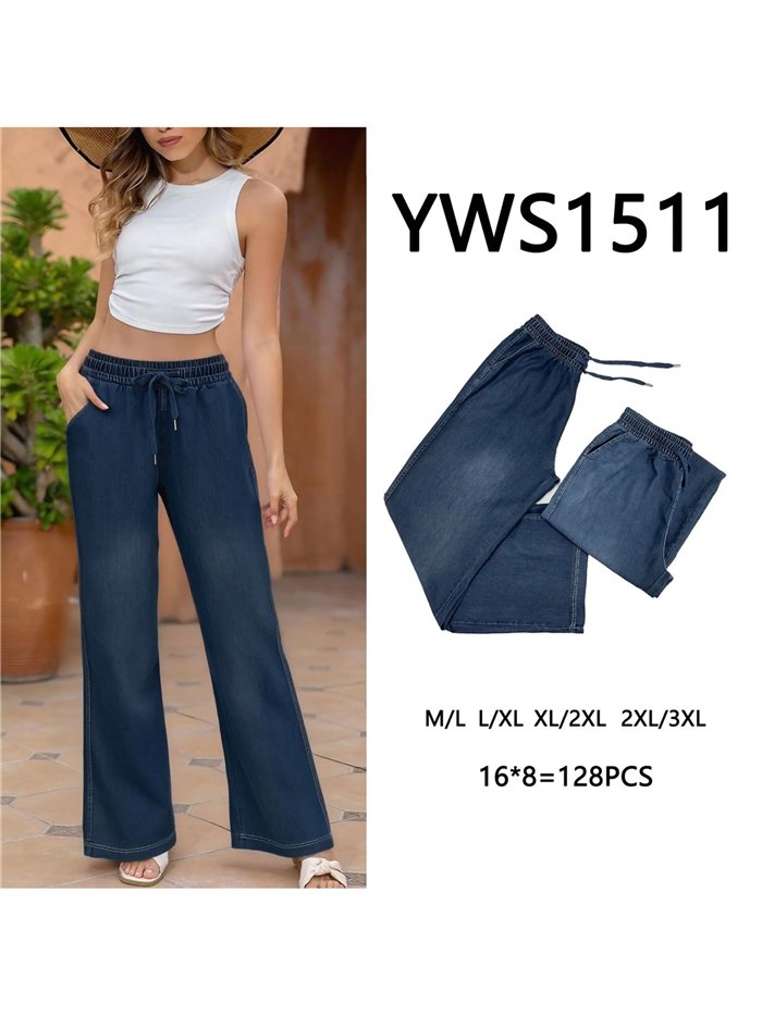 Wide-leg denim effect trousers with elastic waist