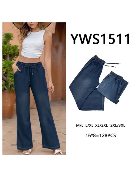 Wide-leg denim effect trousers with elastic waist