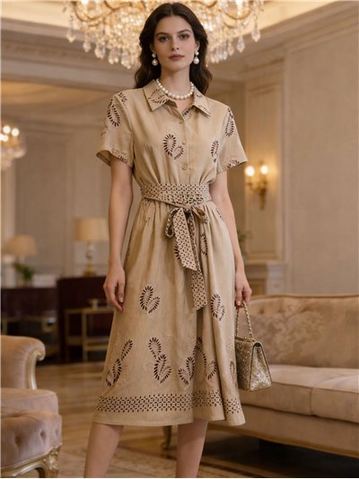 Vestido camisero bordado efecto lino