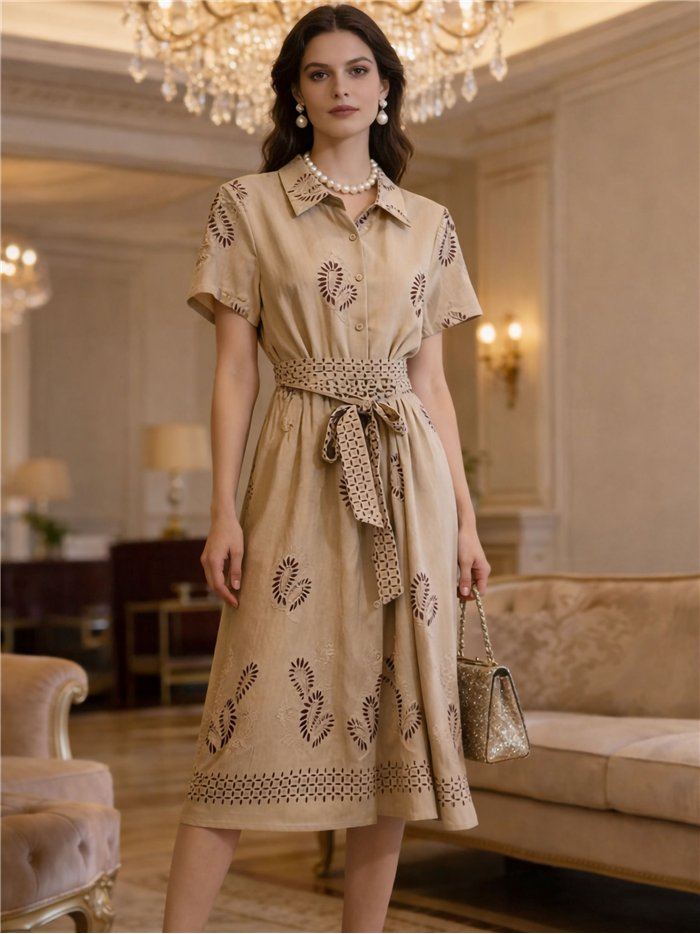 Robe-chemise brodée effet lin