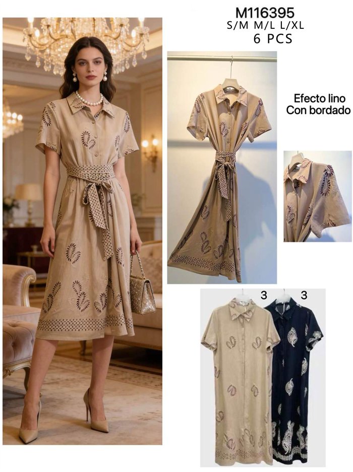 Robe-chemise brodée effet lin