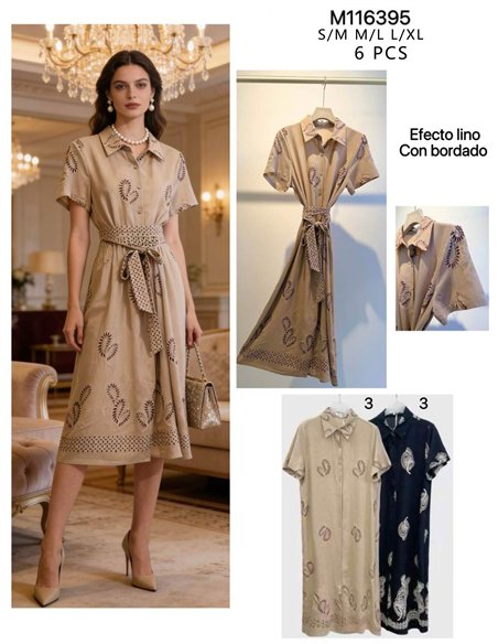 Robe-chemise brodée effet lin