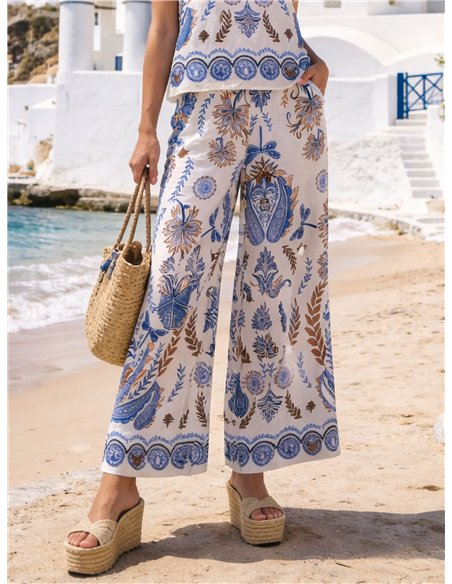 Pantalón wide leg estampado mediterráneo