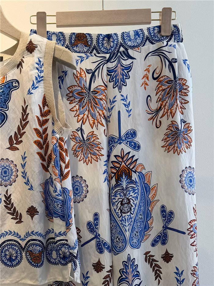 Pantalón wide leg estampado mediterráneo