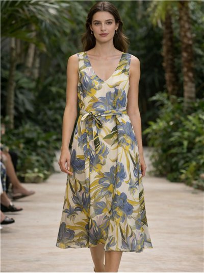 Abito midi a fantasia floreale con cintura