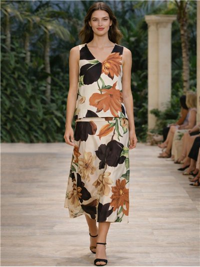 Conjunto top floral romántico y falda midi