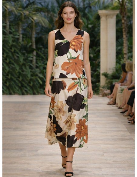 Conjunto top floral romántico y falda midi