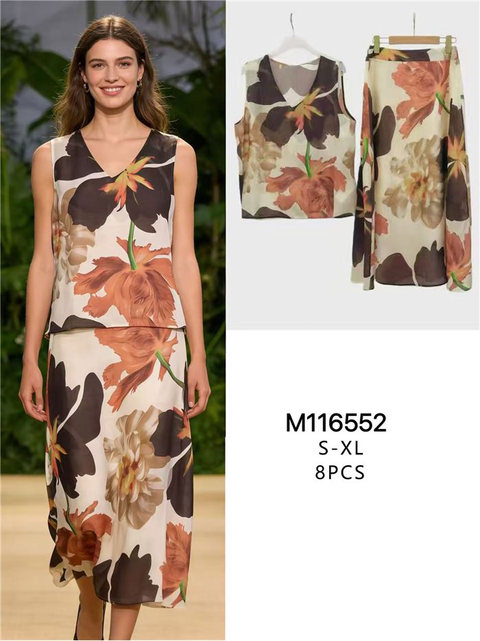 Conjunto top floral romántico y falda midi