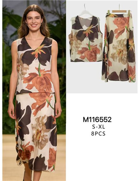 Conjunto top floral romántico y falda midi