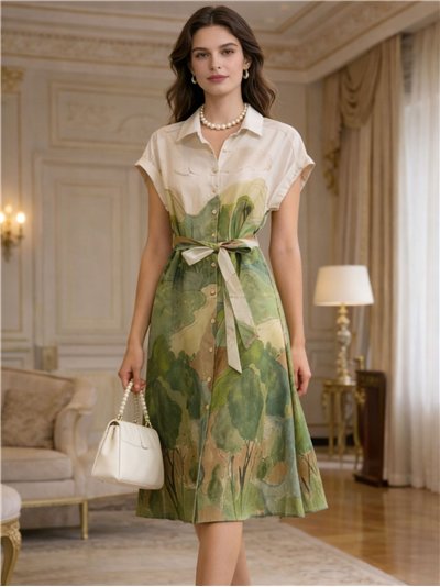 Vestido camisero estampado acuarela con cinturón