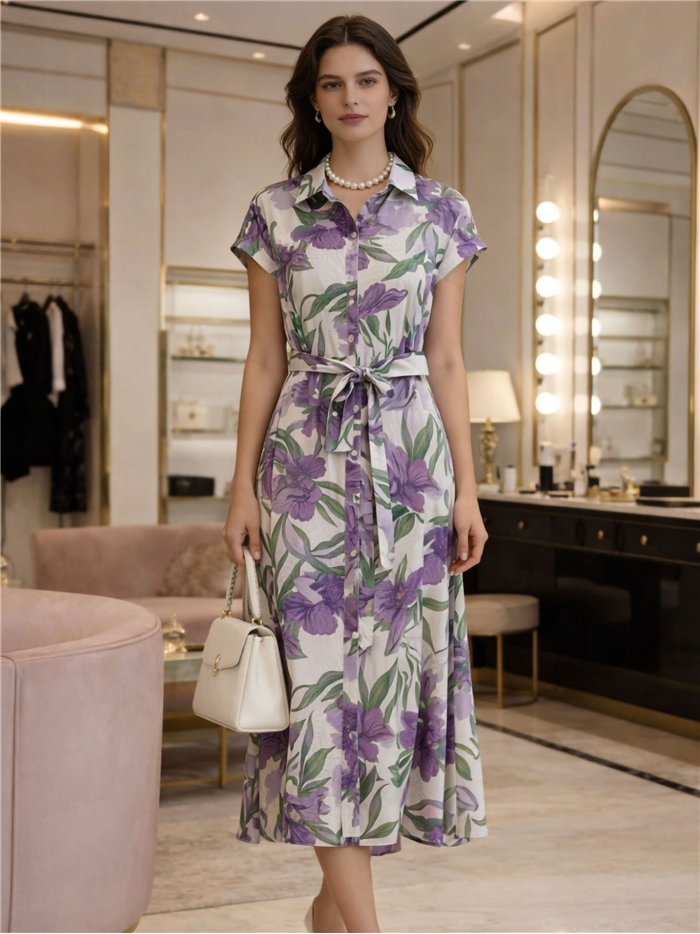 Vestido camisero floral con cinturón