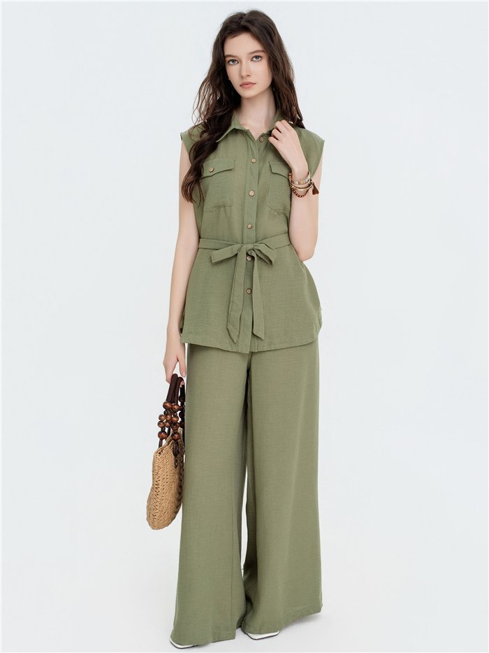 Sleeveless utility shirt and palazzo trousers set