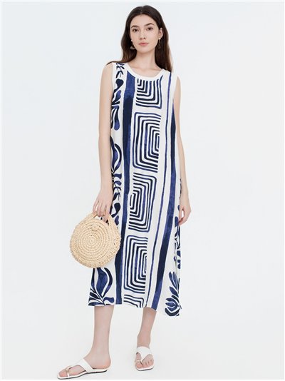 Vestido midi geométrico sem mangas