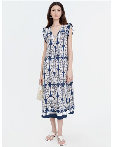 Bedrucktes Midikleid mit Schmuckknopf-Details