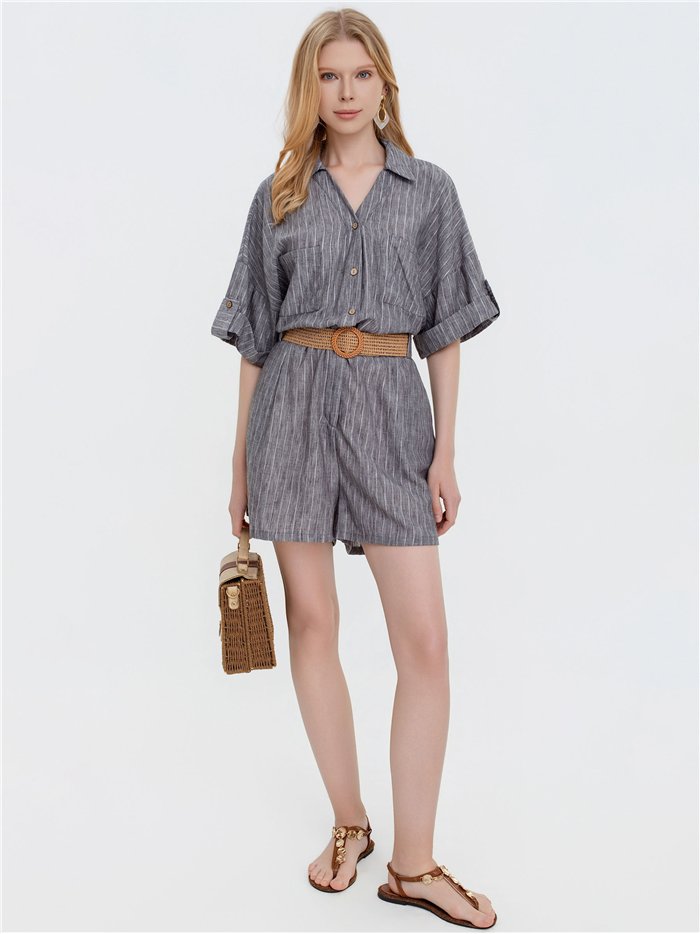 Mono corto lino brillo plateado con cinturón