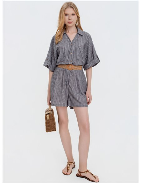 Mono corto lino brillo plateado con cinturón