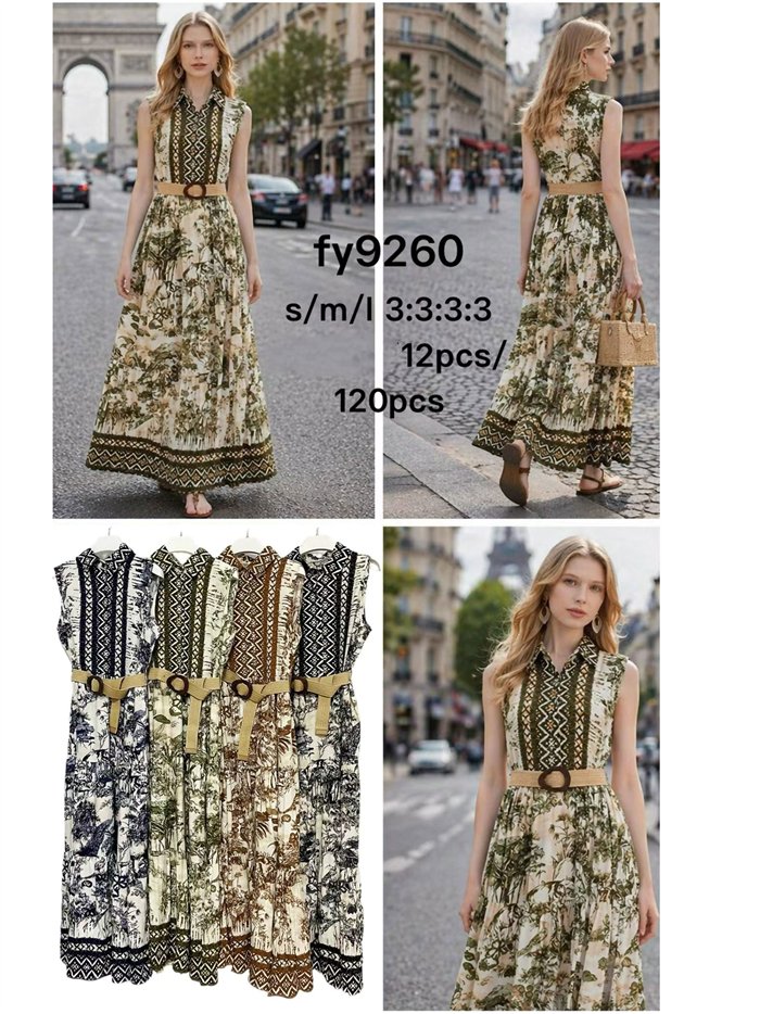 Vestido longo com estampa étnica e cinto de ráfia.