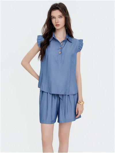 Set aus Bluse in Denim-Optik mit Rüschen und Shorts