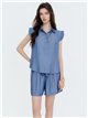 Set aus Bluse in Denim-Optik mit Rüschen und Shorts