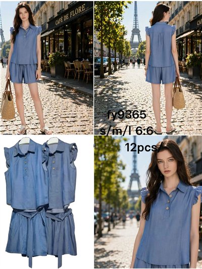 Set aus Bluse in Denim-Optik mit Rüschen und Shorts 2