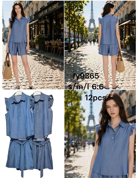 Set aus Bluse in Denim-Optik mit Rüschen und Shorts