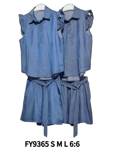 Set aus Bluse in Denim-Optik mit Rüschen und Shorts