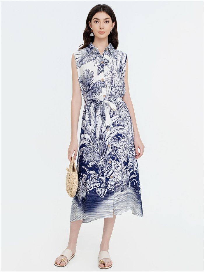 Tropical print belted midi shirt dress