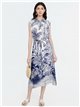 Tropical print belted midi shirt dress