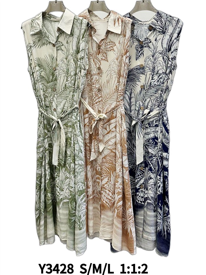 Tropical print belted midi shirt dress