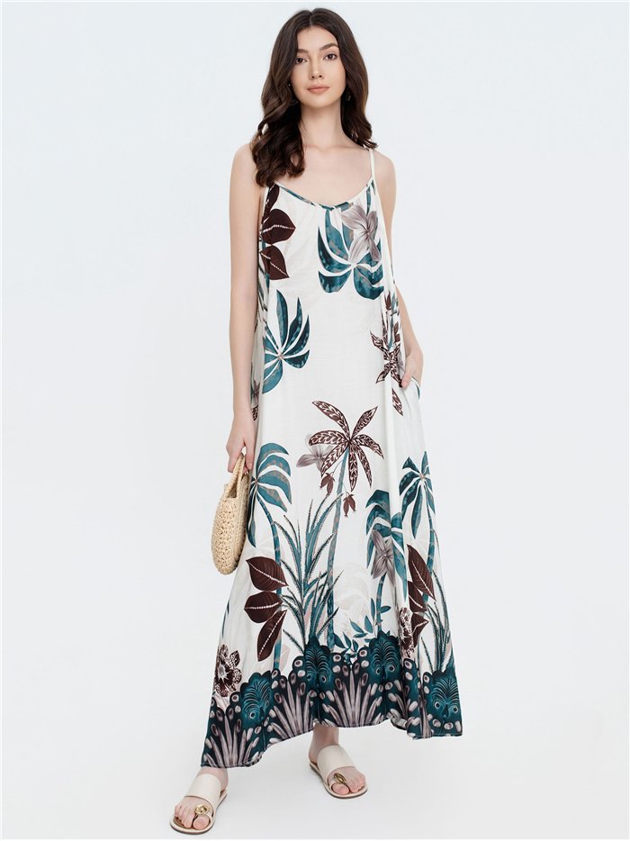 Vestido largo de tirantes con estampado tropical