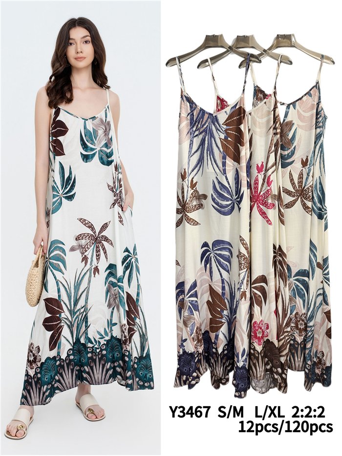 Vestido largo de tirantes con estampado tropical