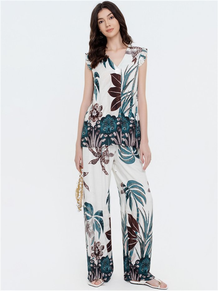 Completo composto da top tropicale e pantaloni palazzo