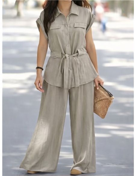 Conjunto talla grande camisa con cinturón y pantalón palazzo