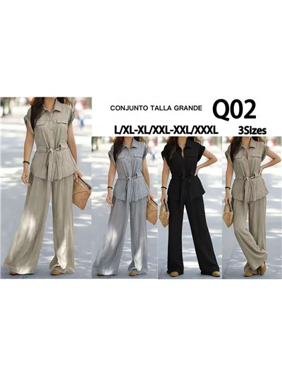 Conjunto talla grande camisa con cinturón y pantalón palazzo 2