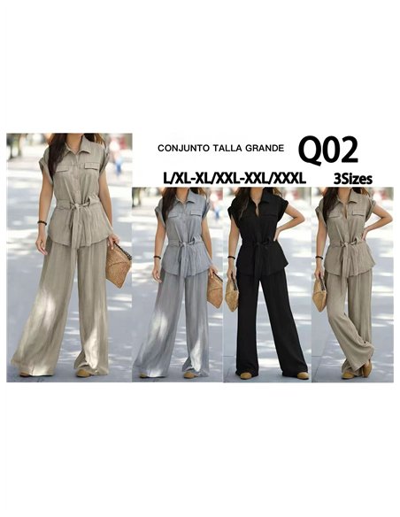 Conjunto talla grande camisa con cinturón y pantalón palazzo