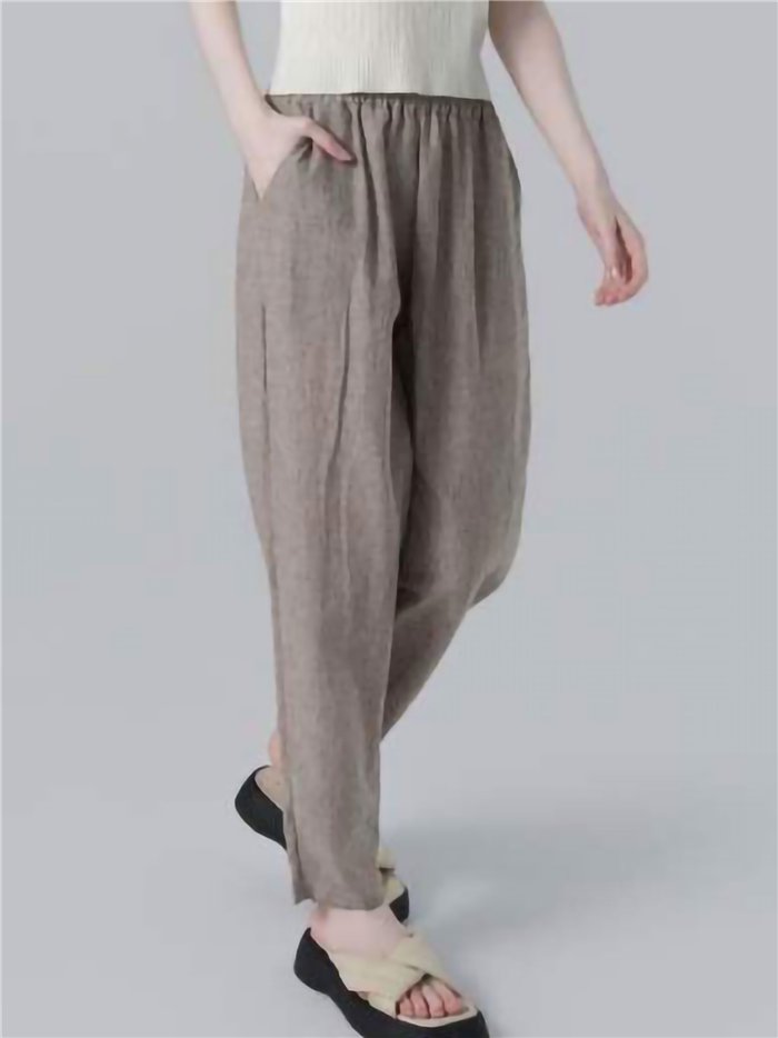 Pantaloni dritti effetto lino con elastico in vita