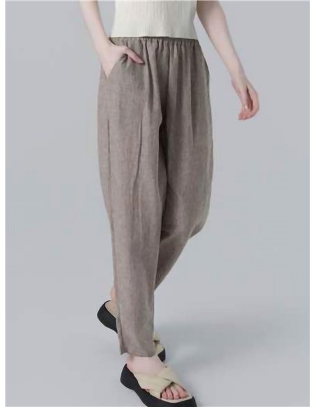 Pantaloni dritti effetto lino con elastico in vita