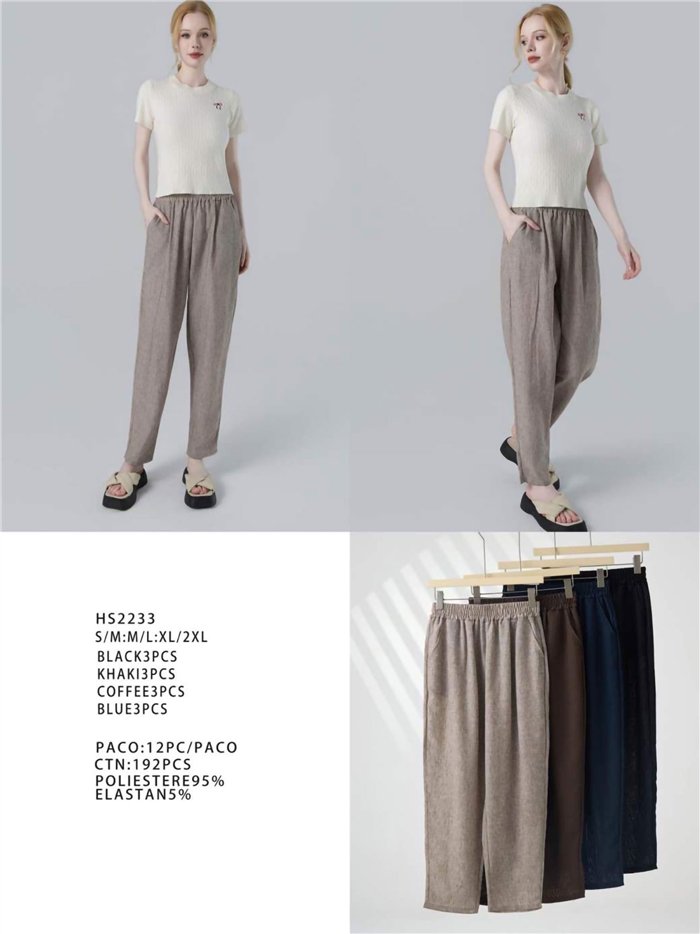 Pantaloni dritti effetto lino con elastico in vita