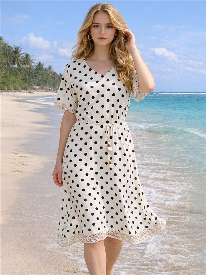 Vestido midi de lunares detalle crochet con cinturón