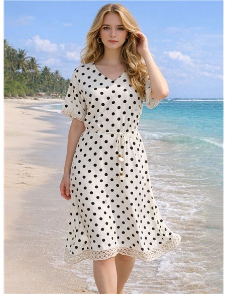 Vestido midi de lunares detalle crochet con cinturón