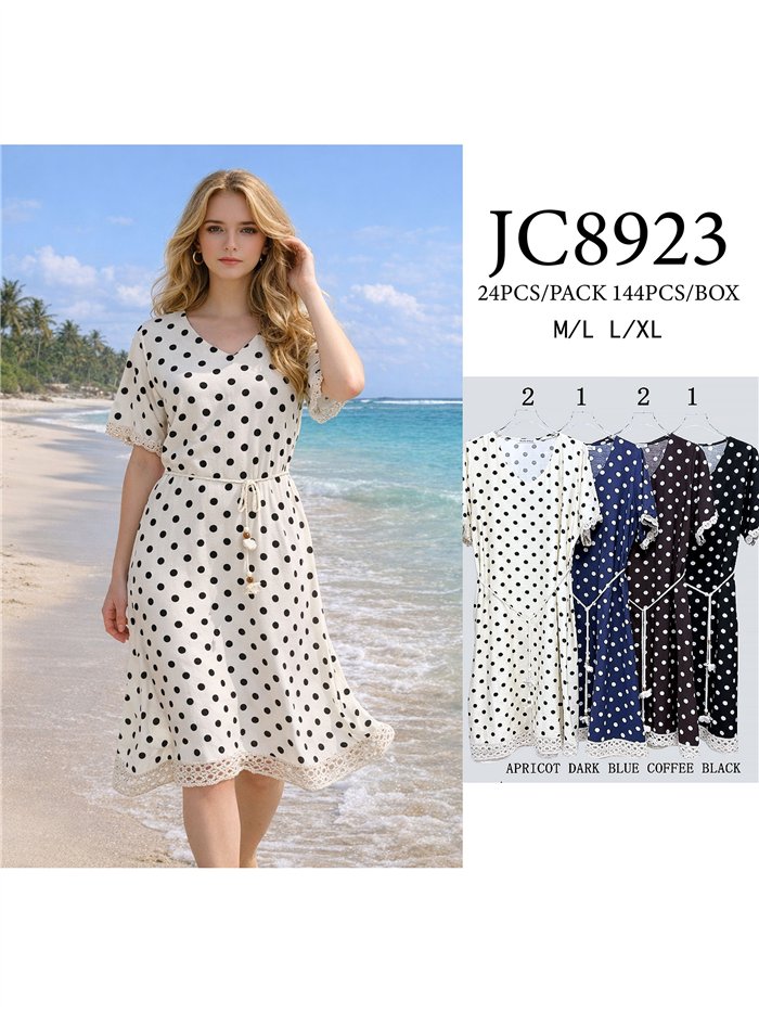 Vestido midi de lunares detalle crochet con cinturón