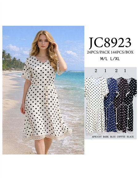 Vestido midi de lunares detalle crochet con cinturón