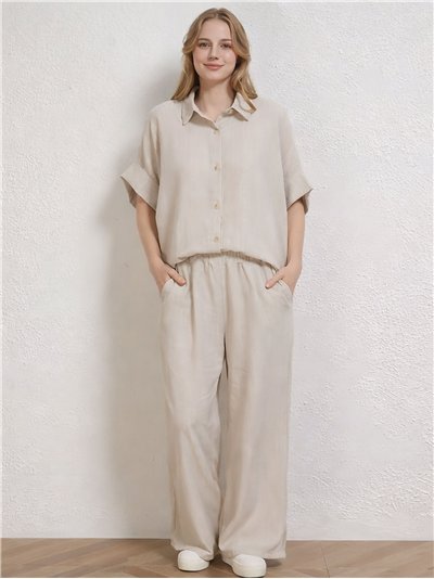 Conjunto talla grande camisa efecto lino y pantalón wide-leg