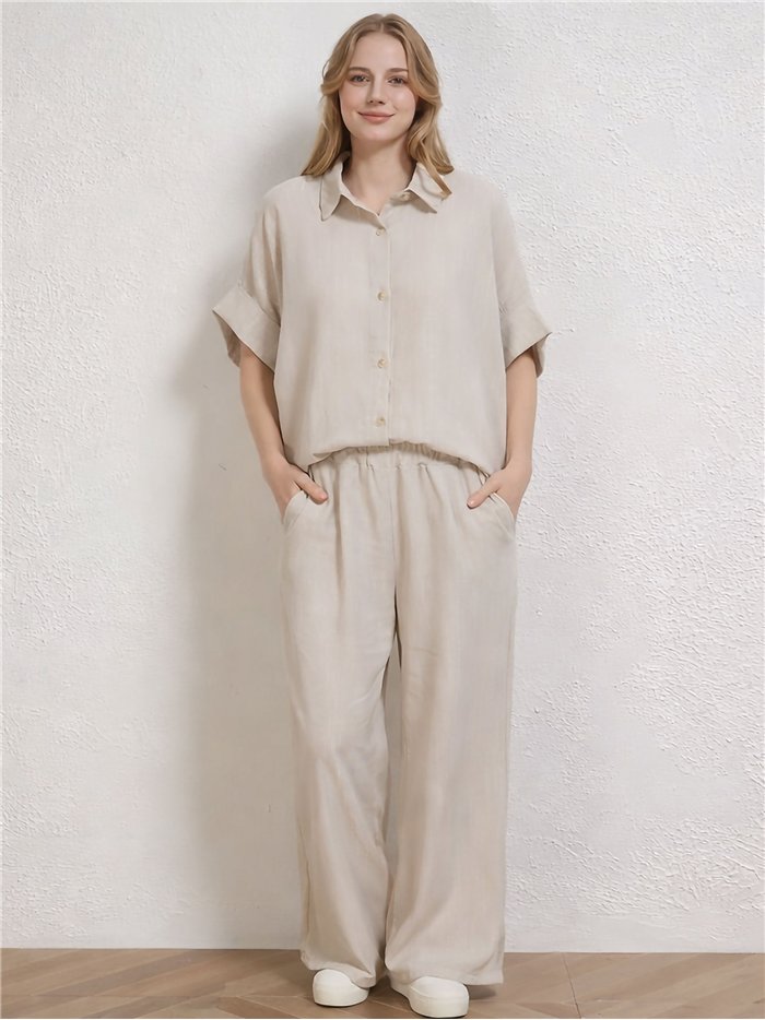 Conjunto talla grande camisa efecto lino y pantalón wide-leg