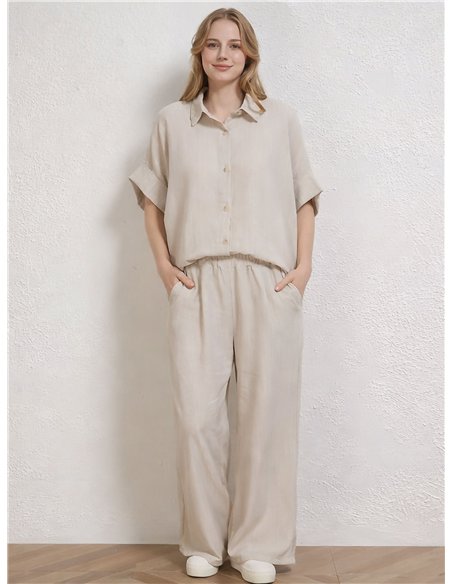 Conjunto talla grande camisa efecto lino y pantalón wide-leg