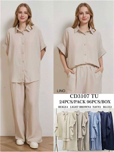 Conjunto talla grande camisa efecto lino y pantalón wide-leg 2