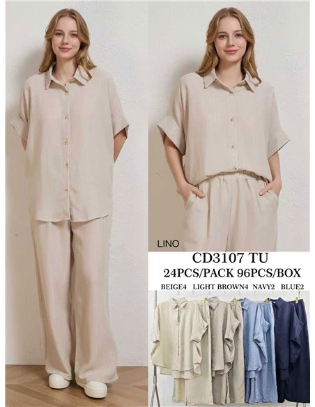Conjunto talla grande camisa efecto lino y pantalón wide-leg